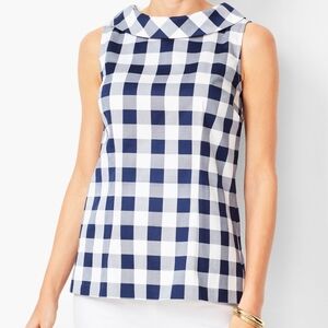 Talbots Audrey Shell sleeveless top in a navy and white gingham pattern.